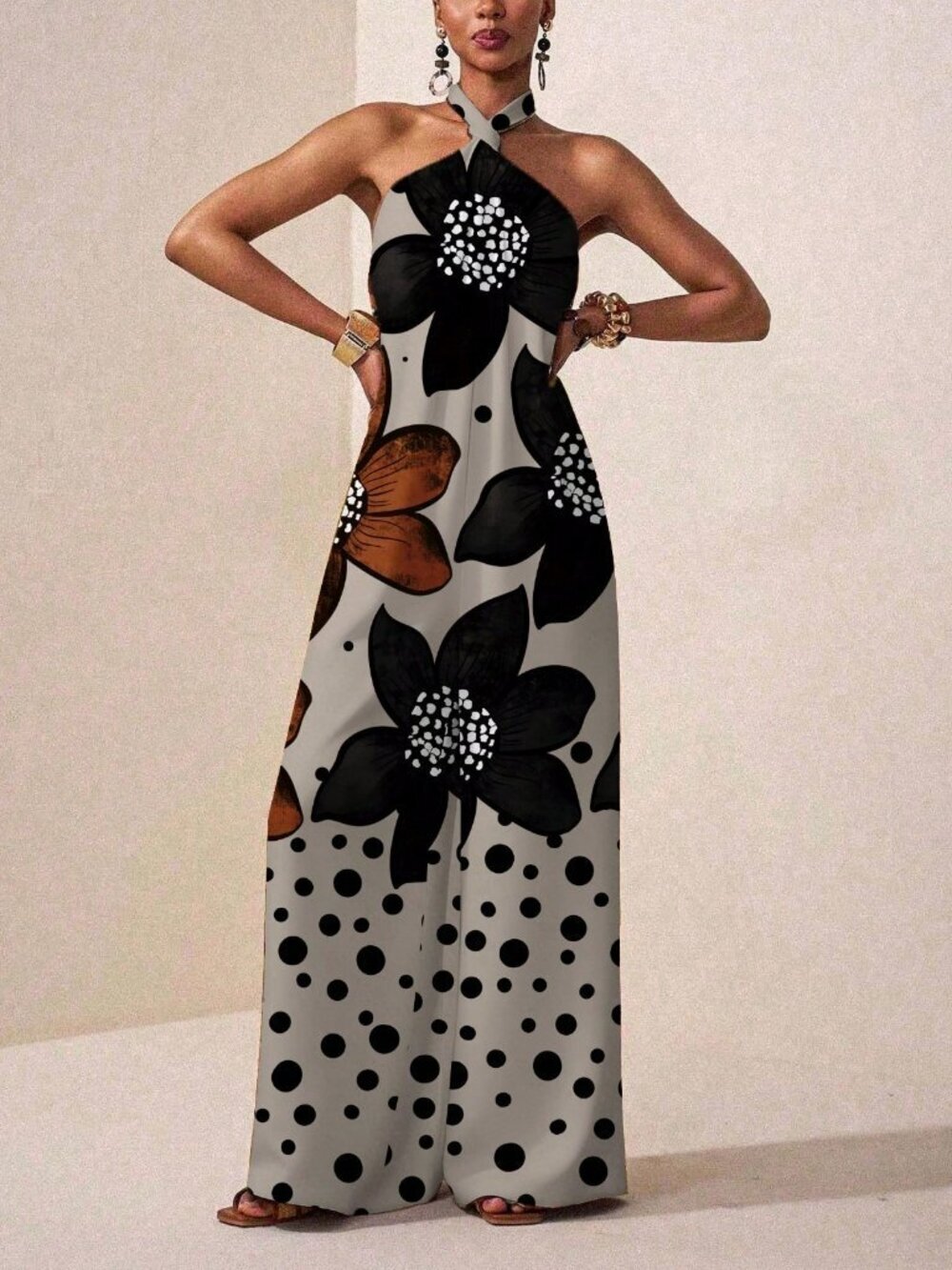 Multicolor Boho Women's Wide-Leg Halter Jumpsuit - Picture 4 of 5